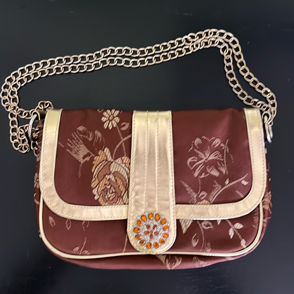 Newport News Ladies Purse Embroidered Brown Gold Rhinestone Pendant on Snap